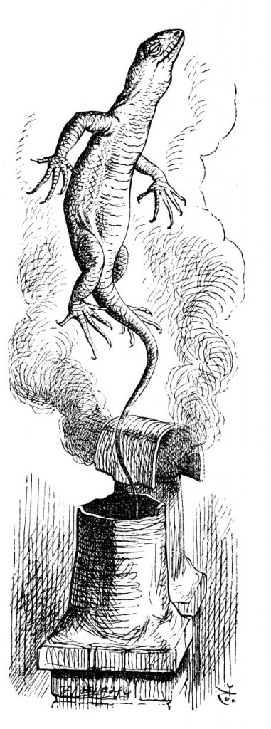 Original children's illustration by John Tenniel of Bill Lizard from Alice in Wonderland 