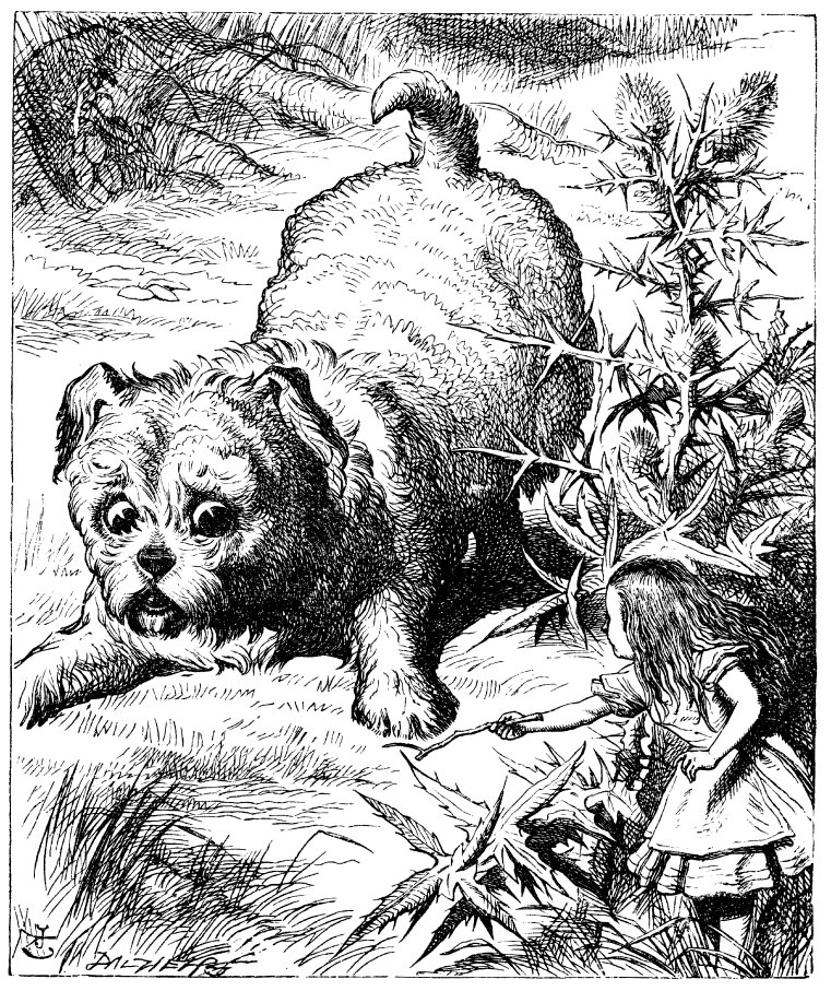 Original children's illustration by John Tenniel of Alice and big puppy from Alice in Wonderland 