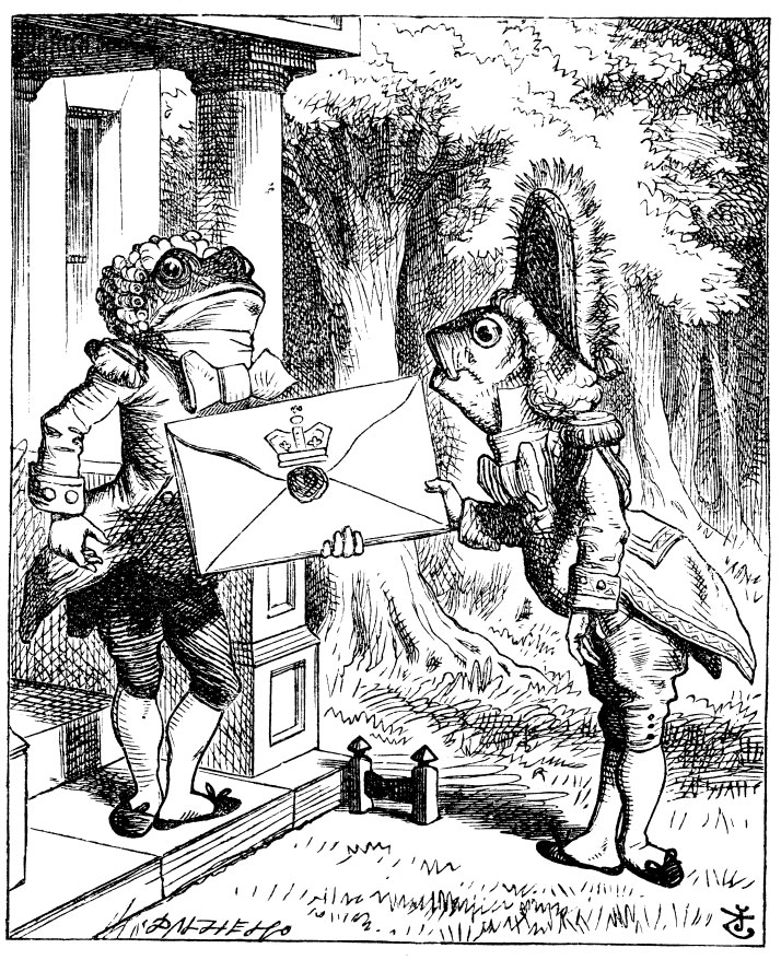 Original children's illustration by John Tenniel of frog delivering letter from Alice in Wonderland 