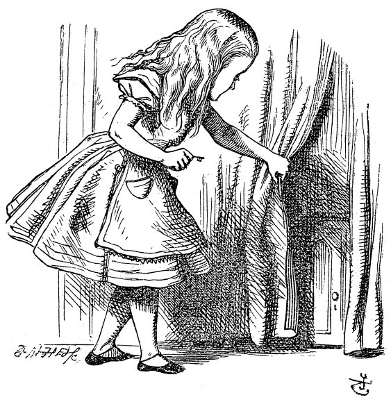 Original children's illustration by John Tenniel of Alice pulling curtain from Alice in Wonderland 