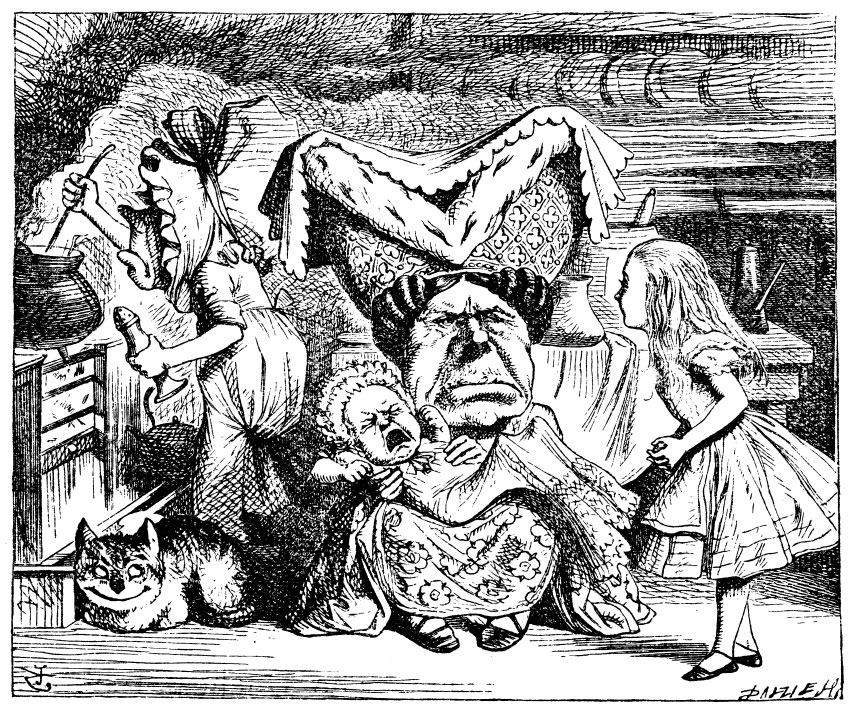 Original children's illustration by John Tenniel of Duchess and baby from Alice in Wonderland 