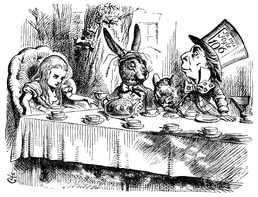 Original children's illustration by John Tenniel of Mad Hatter tea party from Alice in Wonderland 