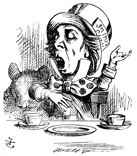 Original children's illustration by John Tenniel of Mad Hatter talking in teapot from Alice in Wonderland 