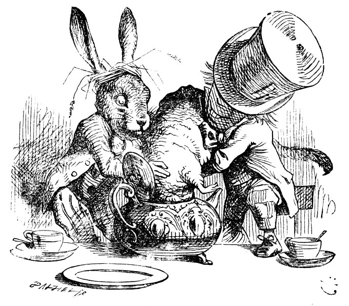 Original children's illustration by John Tenniel of Mad Hatter and March Hare putting dormouse in teapot from Alice in Wonderland 