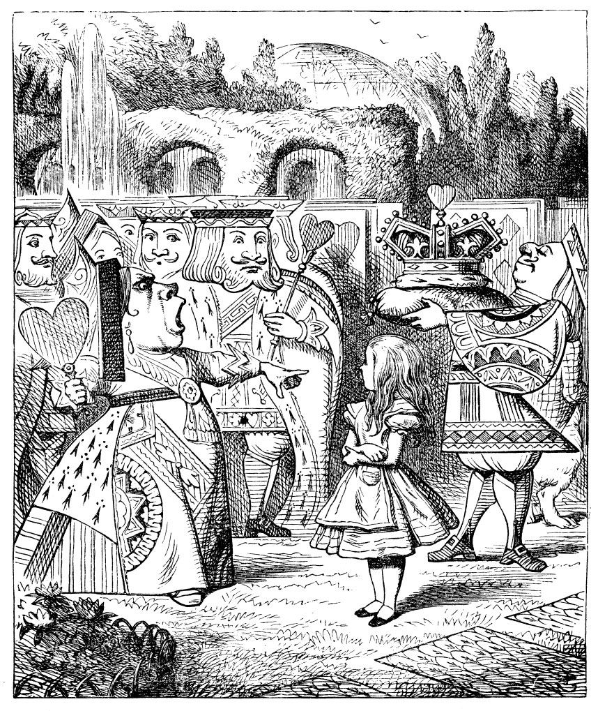 Original children's illustration by John Tenniel of Alice with Queen of Hearts and King of Hearts from Alice in Wonderland 