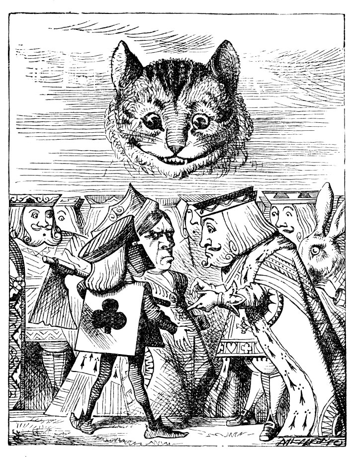 Original children's illustration by John Tenniel of Cheshire Cat and King of Hearts from Alice in Wonderland 