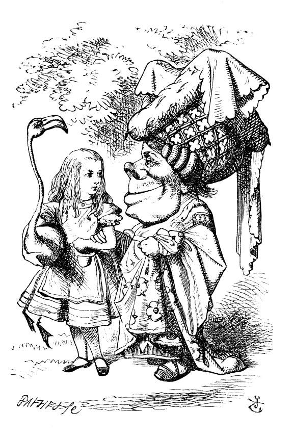 Original children's illustration by John Tenniel of Alice, flamingo and Duchess from Alice in Wonderland 