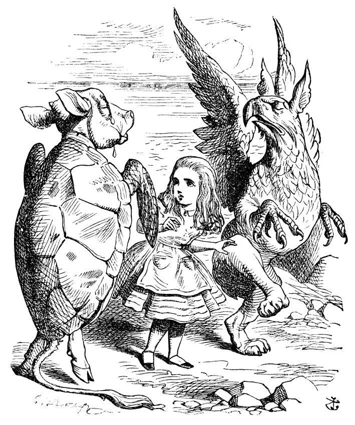 Original children's illustration by John Tenniel of Alice Mock Turtle and Gryphon from Alice in Wonderland 