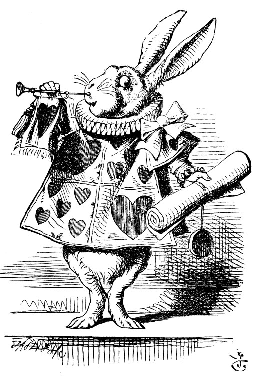 Original children's illustration by John Tenniel of White Rabbit and trumpet and scroll from Alice in Wonderland 