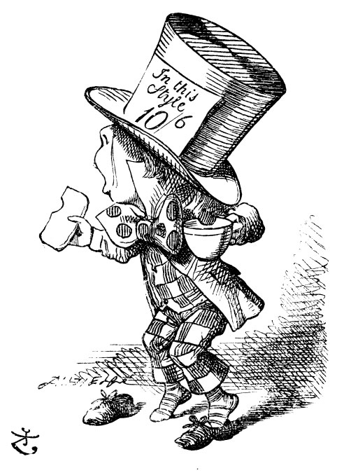 Original children's illustration by John Tenniel of Mad Hatter and buttered bread and cup of tea from Alice in Wonderland 