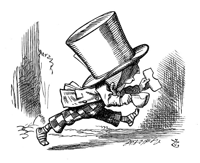 Original children's illustration by John Tenniel of Mad Hatter and buttered bread from Alice in Wonderland 