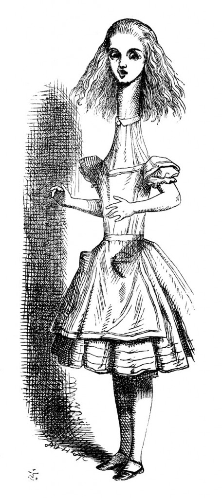 Original children's illustration by John Tenniel of Alice neck stretching from Alice in Wonderland 