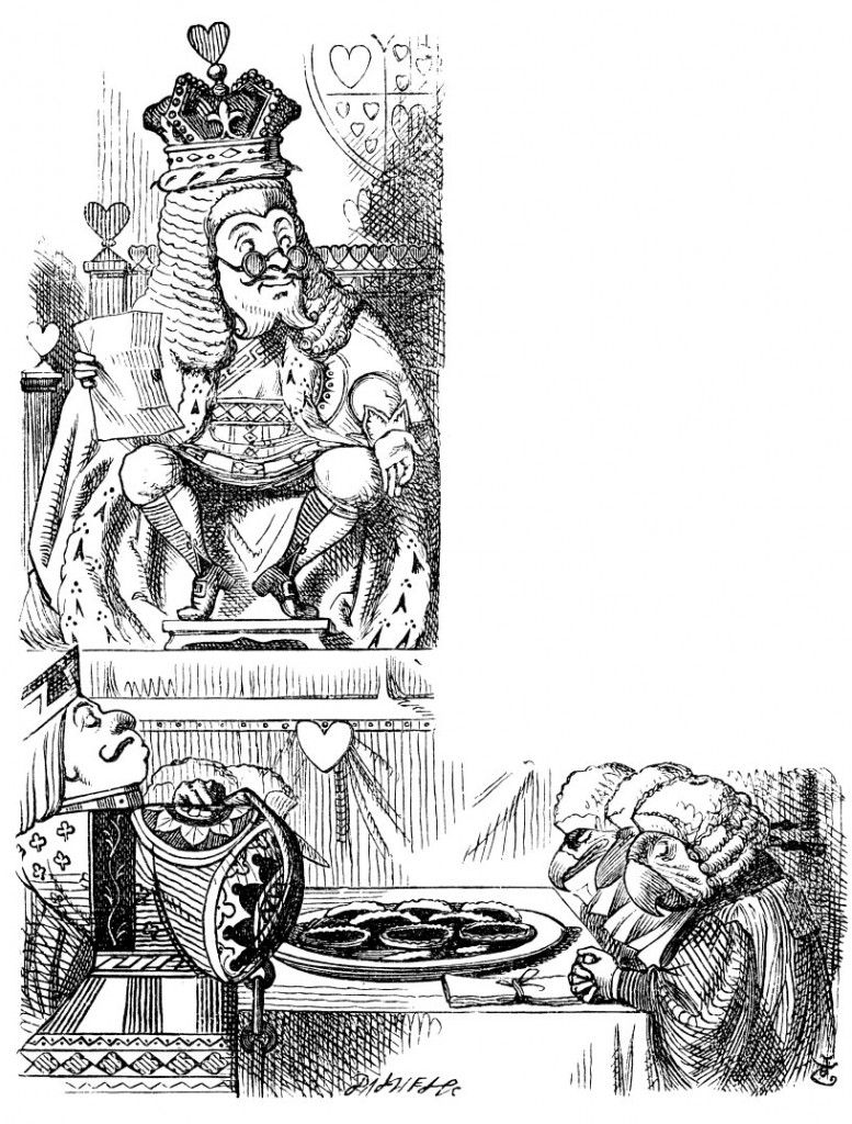 Original children's illustration by John Tenniel of Queen and King of Hearts from Alice in Wonderland 