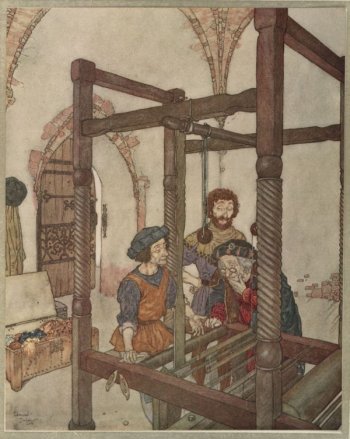 Vintage illustration of tailors making invisible suit, for The Emperor's New Clothes bedtime story