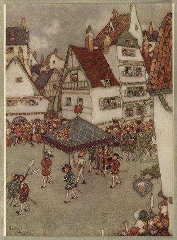 Vintage illustration of naked king in village crowd, for The Emperor's New Clothes bedtime story