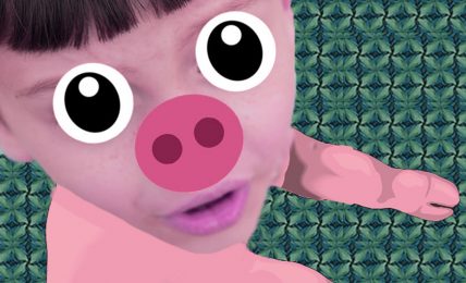 Illustration of boy turning into pig for kids short story Greedy Pig