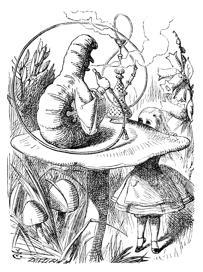 Original children's illustration by John Tenniel of Caterpillar from Alice in Wonderland 