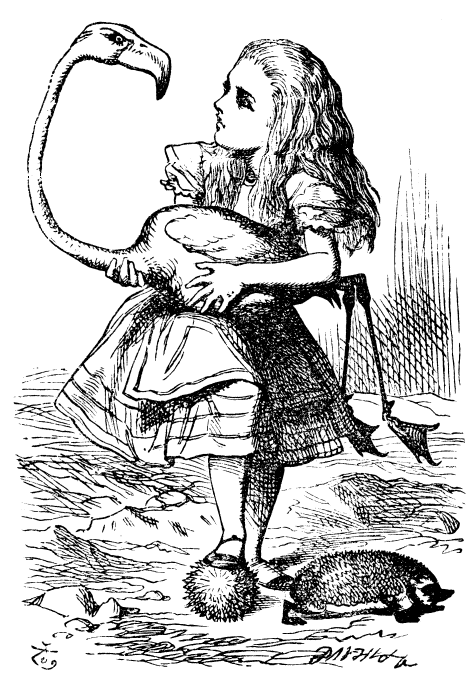 Original children's illustration by John Tenniel of Croquet and flamingo from Alice in Wonderland 